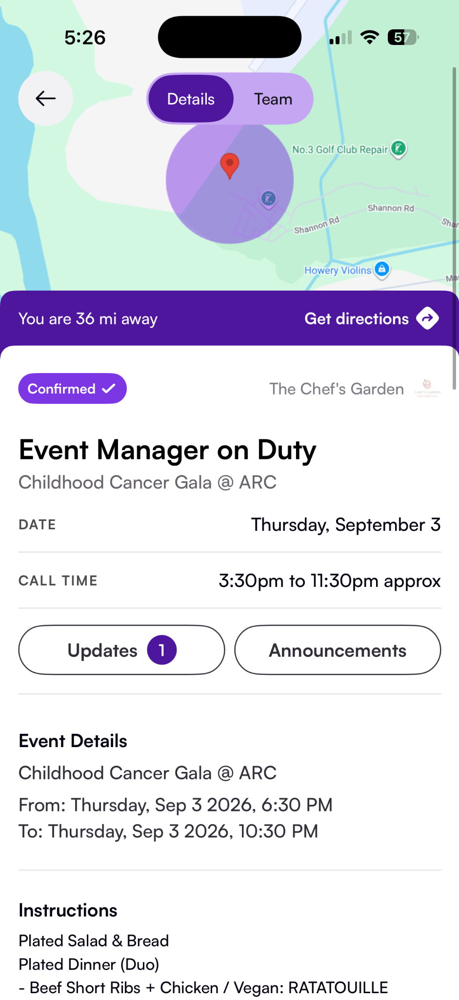 Nowsta event details screen showing call time, updates and announcements