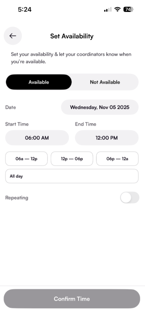 Nowsta: Set your availability
