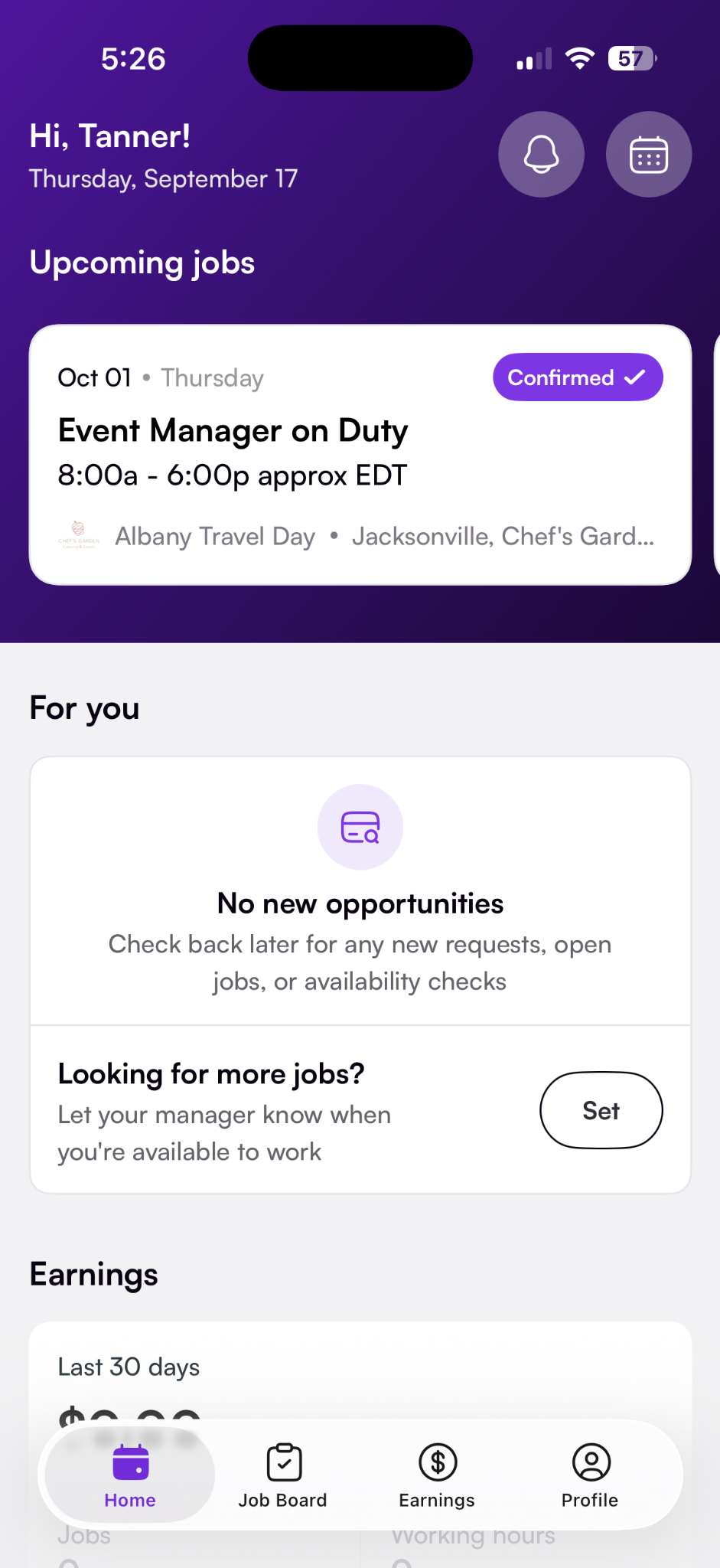 Nowsta home screen showing an upcoming confirmed job