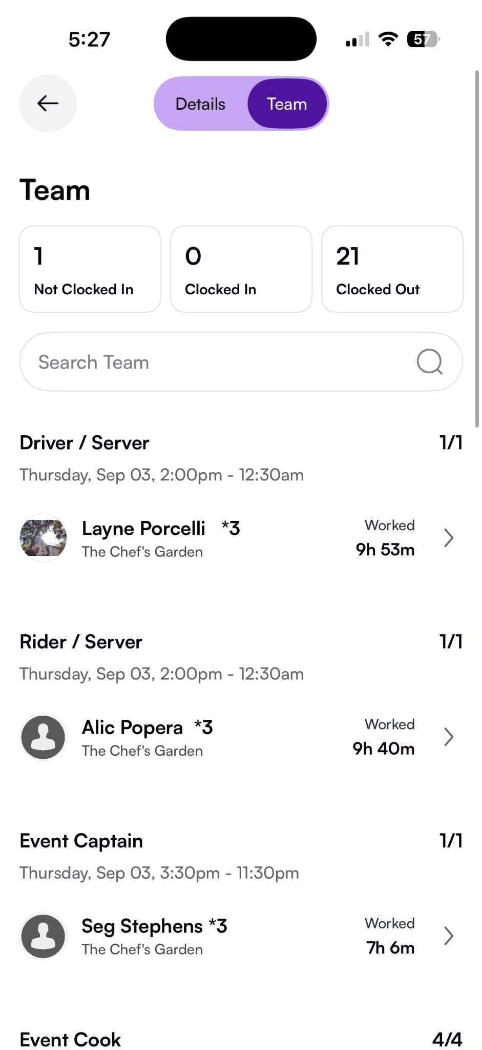 Nowsta team tab showing the event team and Captain