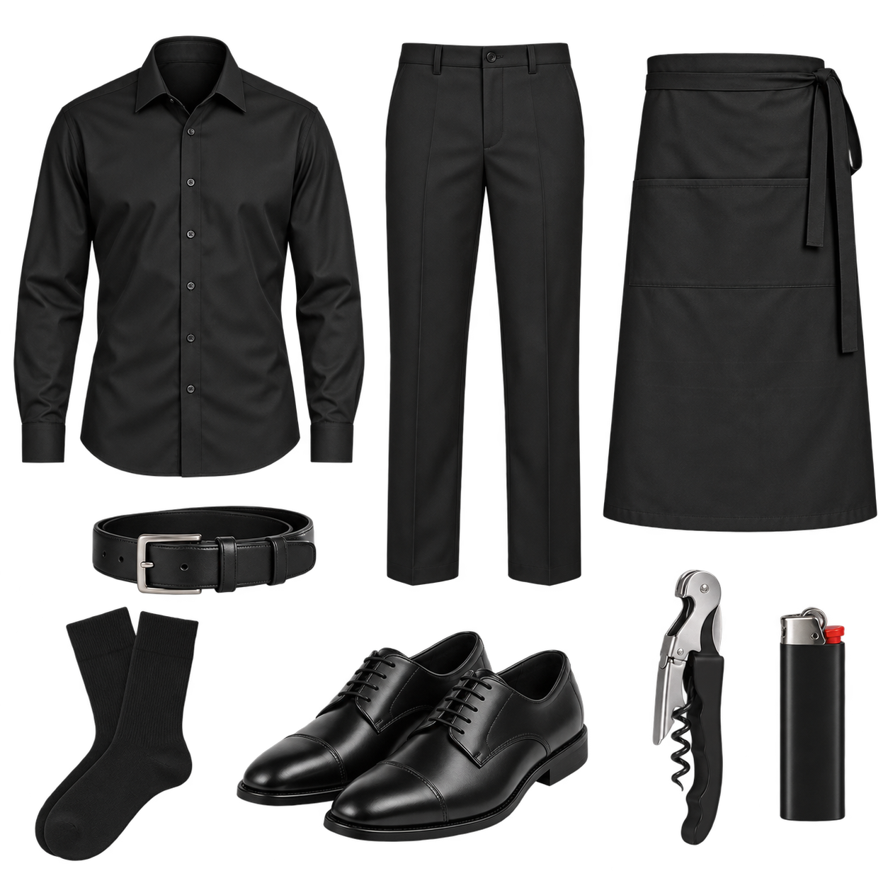Event Server uniform pieces including black shirt, pants, apron, shoes, wine key and lighter