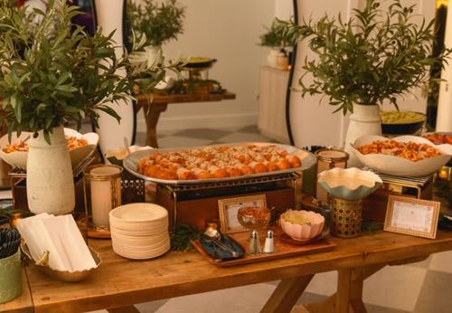 A catered food display inside the Juniper Room