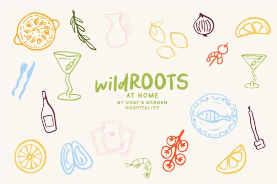 Wild Roots at Home by Chef’s Garden Hospitality, surrounded by colorful food illustrations